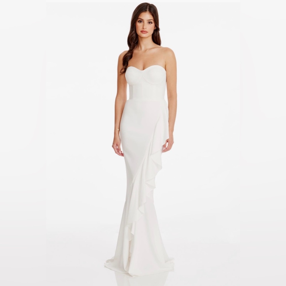 Dress The Population White Paris Ruffle Strapless Marmaid Gown